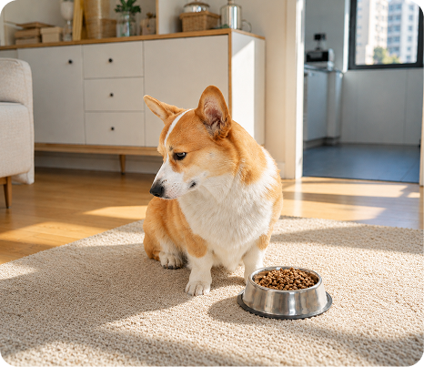 Corgi looking at bowl